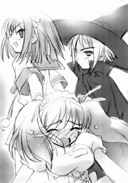 El débil intento de Asahina-san por resistirse fue completamente inútil. Haruhi simplemente la agarró por el cuello del disfraz de camarera y arrastró aquella diminuta figura a través de la puerta, mientras que ella no paraba de sollozar. Nagato las siguió, arrastrando tras de sí el borde de su capa...