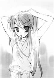 De cualquier forma, de su chaqueta en el suelo, Haruhi saco una liga y elegantemente ato su largo pelo negro detrás de su cabeza.