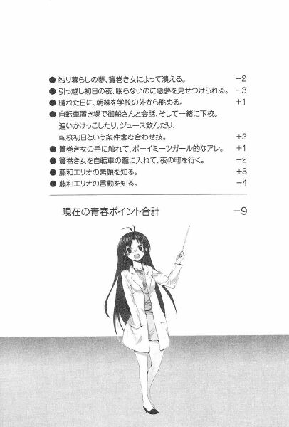 Dream of independent life ruined by futon-girl: -2 Witnessed a nightmare on the first day of moving in: -3 Seeing a morning practice on a sunny day: +1 The combination of going home, drinking and riding with Mifune-san: +2 Touching futon-girl's hand, the feeling of a boy-meets-girl scenario: +1 Riding with futon-girl in the basket during the night: -2 Seeing Touwa Erio's: + 3 Hearing Touwa Erio: -4