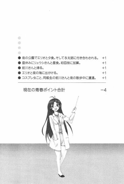 Listening to Erio's rant while eating dinner with her in the park: +1 Eating lunch with Ryuushi-san in class for the first time: +1 Going home with Maekawa-san +1 Went to the night beach with Erio: +1 Meeting the cosplay woman, in other words Maekawa-san: +1 Total: -4